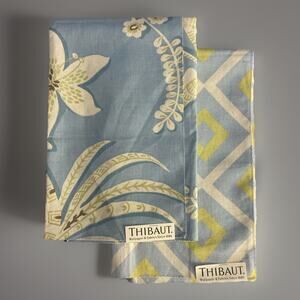 2 Thibaut Linen Cotton Blue Lime Botanical Geometric Fabric Samples 25"x25"